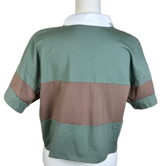 MM MM MM Top Women XL Cropped Green Sage Mocha ColorBlock Collared Tee Dillards - Picture 3 of 10